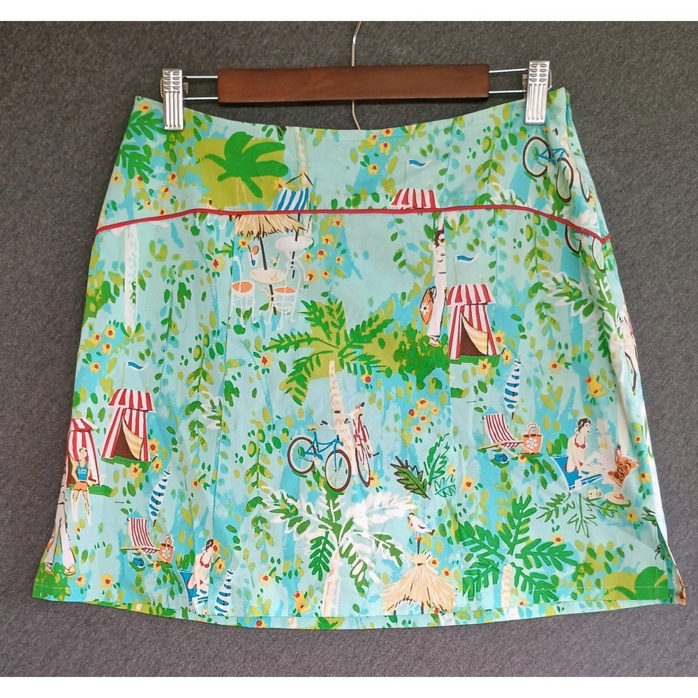 FL Malik Women Blue Tropical Beach Print Cotton Stretch A-Line Mini Skirt Size 6